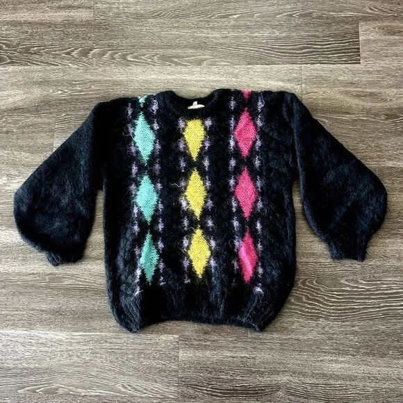 Vintage Tam O'Shanter Mohair Sweater Large Black‎ Argyle UK Made